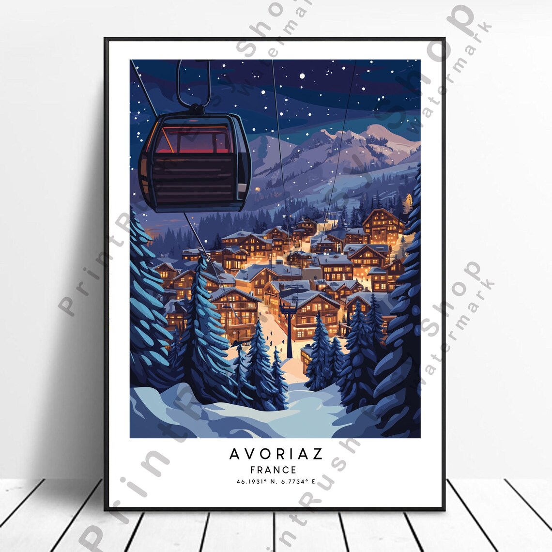 Avoriaz France Night Ski Resort Gondola Snow Village Minimalist Travel Poster