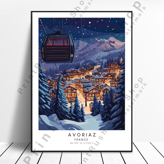 Avoriaz France Night Ski Resort Gondola Snow Village Minimalist Travel Poster