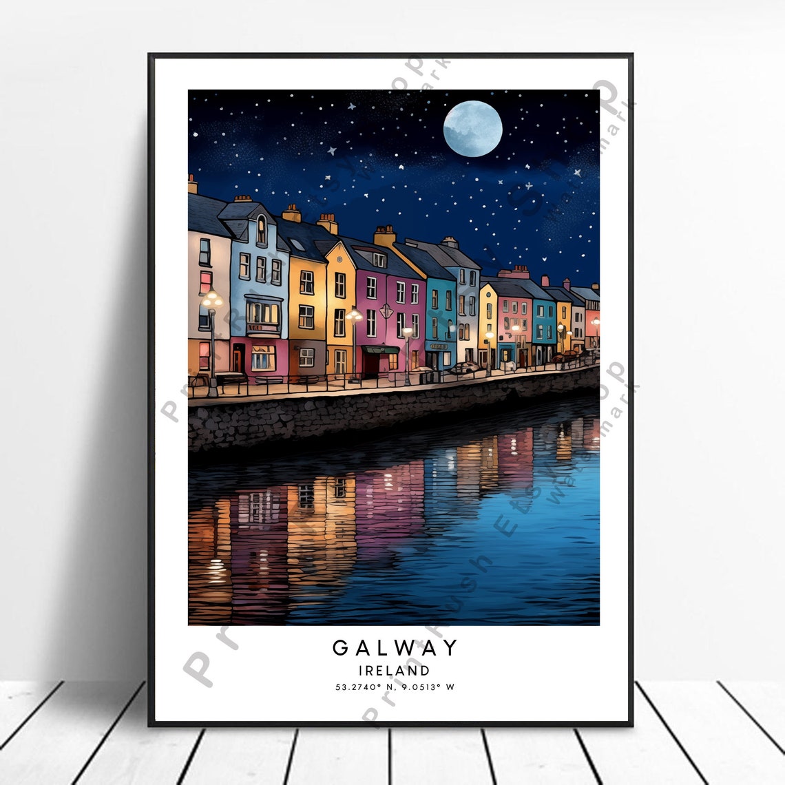 Galway Ireland Night Skyline Watercolor River Reflection Travel Poster