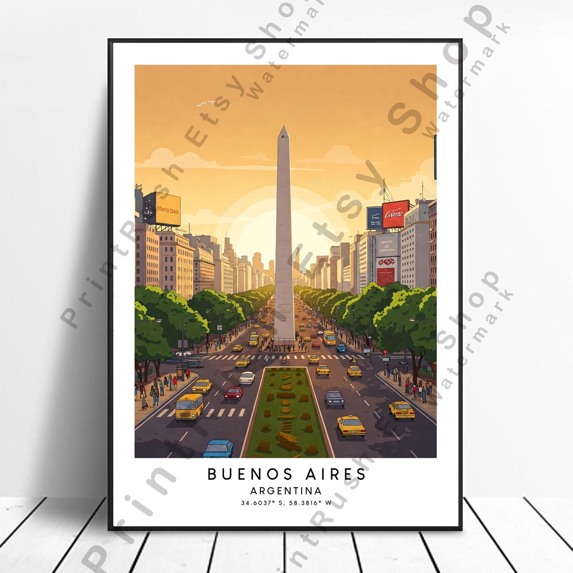 Buenos Aires Argentina Obelisk Golden Hour Avenue Travel Poster