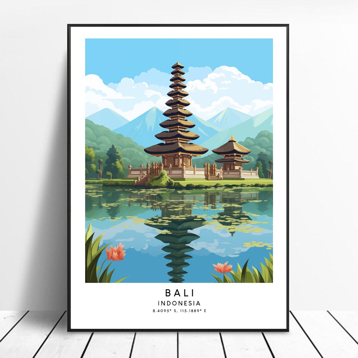 Bali Indonesia Ulun Danu Temple Lake Reflection Tropical Travel Poster