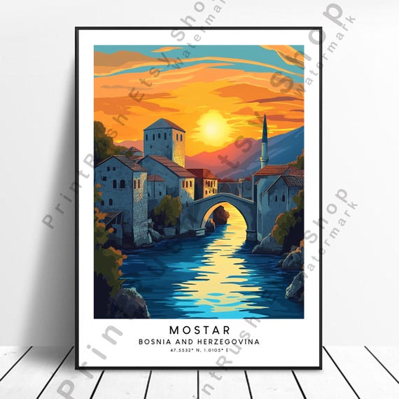C Illustration Art Bosnia Travel Poster Mostar Wall Print Home Decor Artwork Hanging