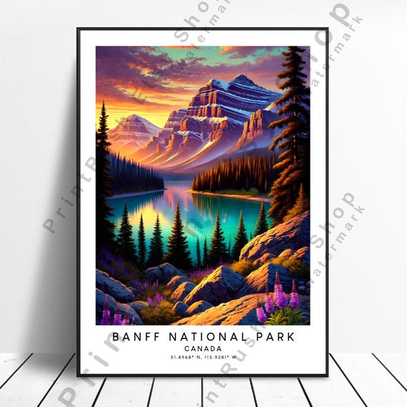 Banff National Park Print Canada Wall Art Poster Travel Dcor Canadian Rockies Nature Lovers Hikers Adventure Illustration Gift