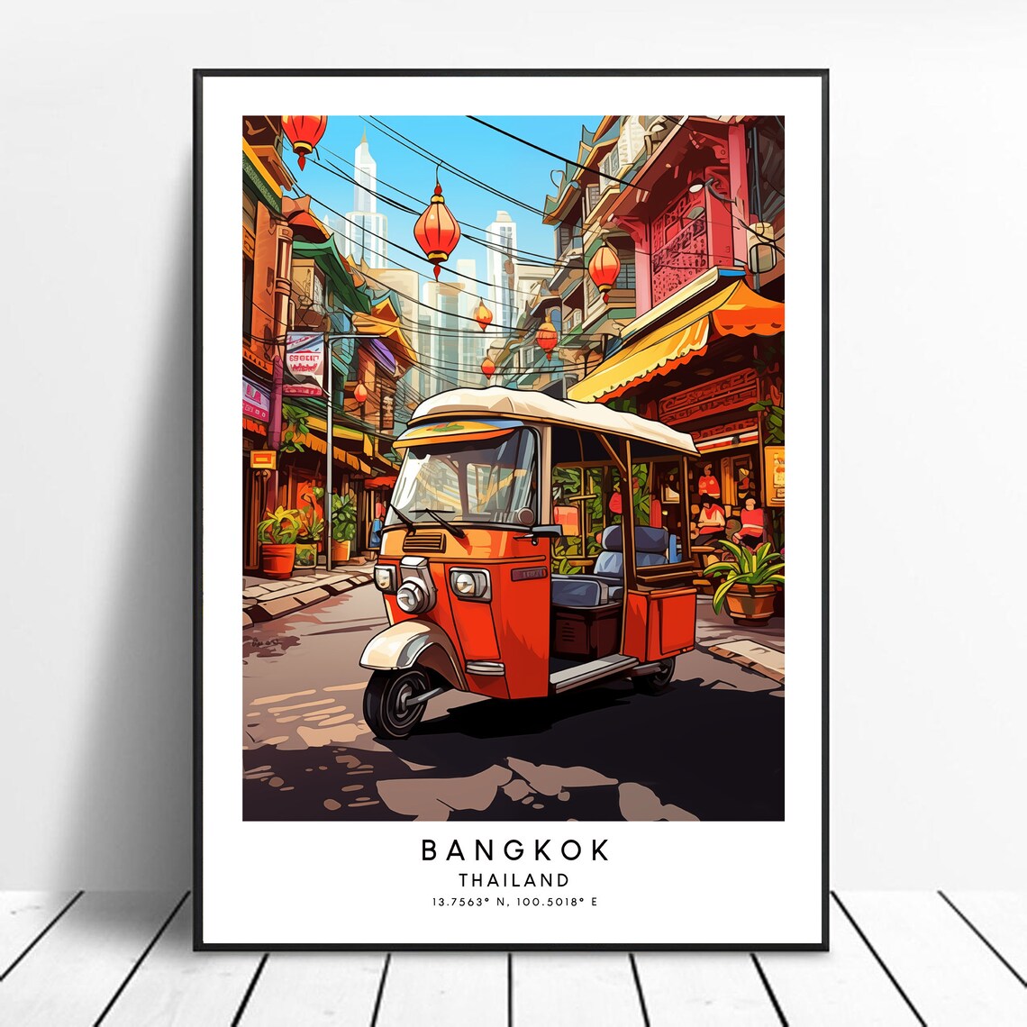 Bangkok Thailand Tuk Tuk Chinatown Street Lanterns Travel Poster