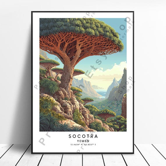 Socotra Yemen Illustration Art Print Wall Decor Travel Poster Dragon Blood Trees Nature Scenic Artwork Hanging Gift