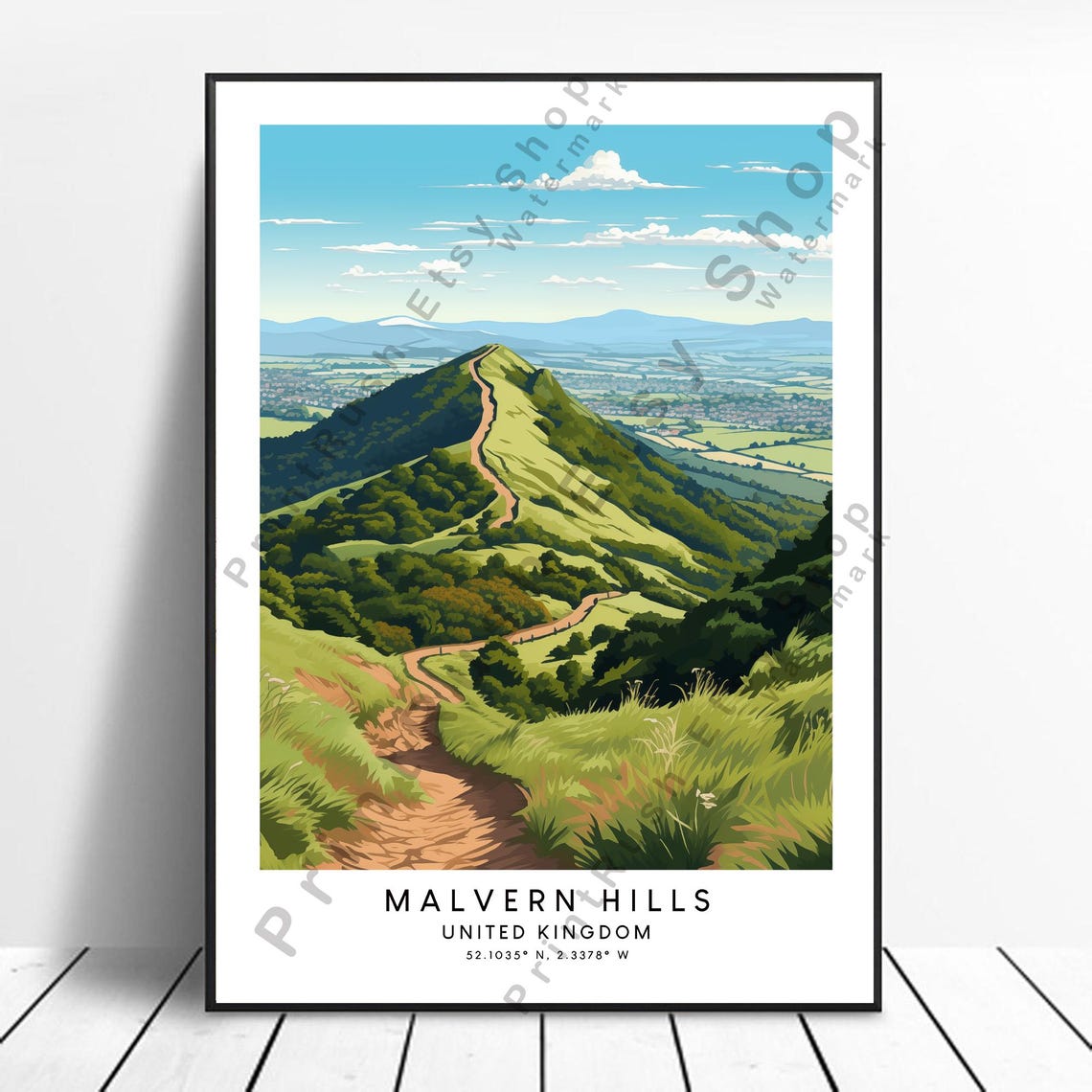 Malvern Hills United Kingdom Green Ridge Hiking Travel Poster