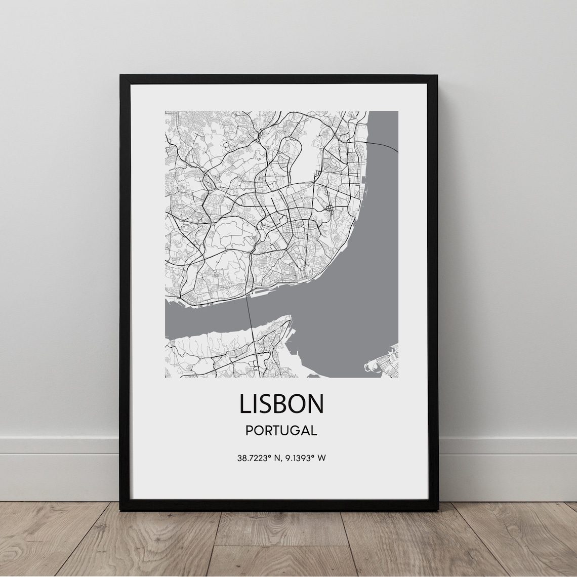 Lisbon Portugal Minimalist Black White Street City Map Poster