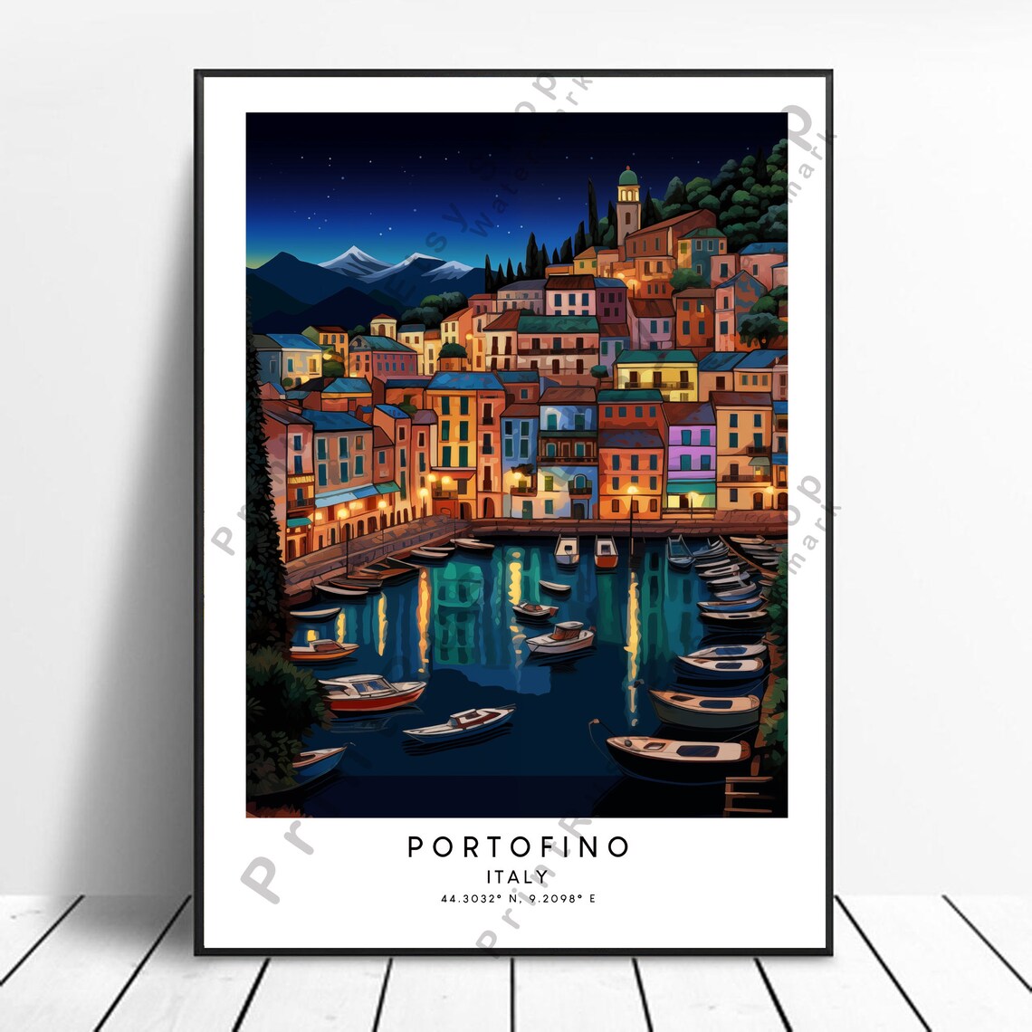 Portofino Italy Night Harbor Boats Village Lights Travel Poster