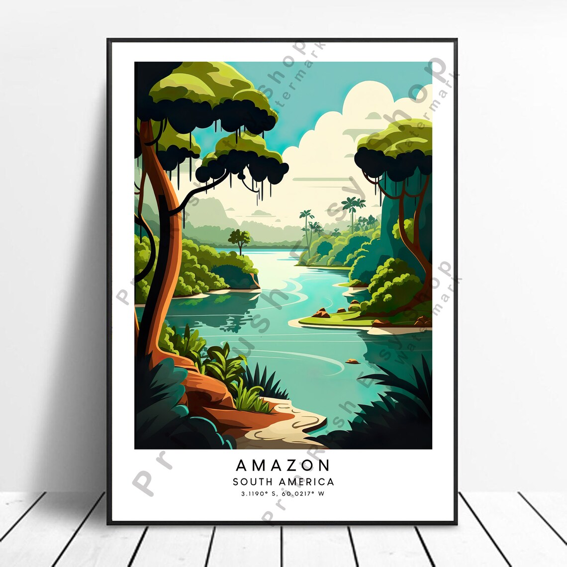 Amazon South America Rainforest River Coordinates Travel Illustration Poster
