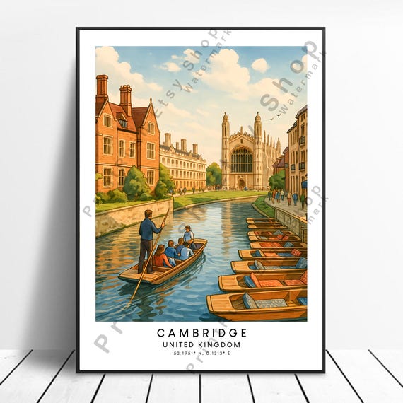 Cambridge United Kingdom Illustration Art Print Travel Poster Wall River Scene Decor Architecture Artwork Gift