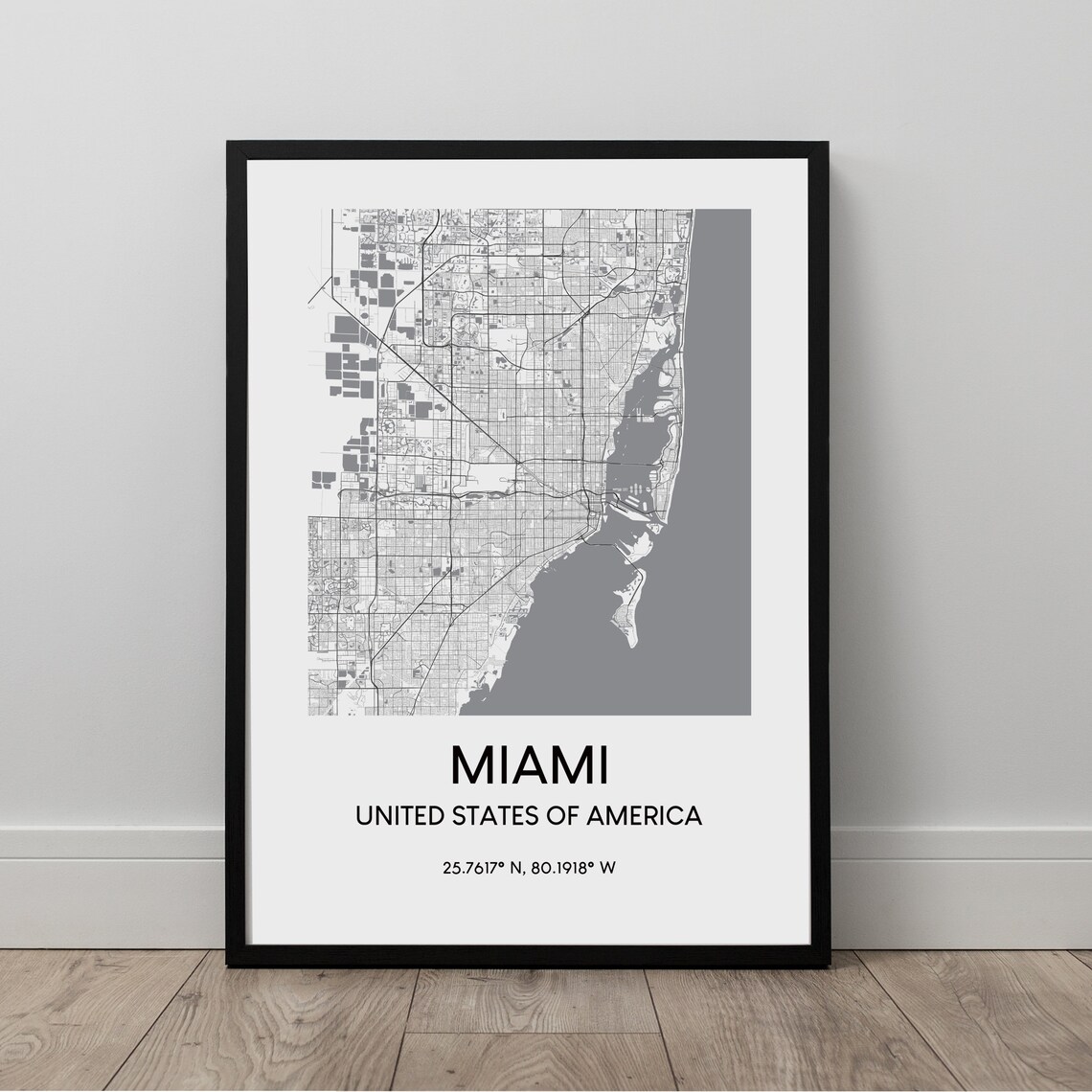 Miami Map Print Poster Wall Art Travel Black And White Minimalist Gift