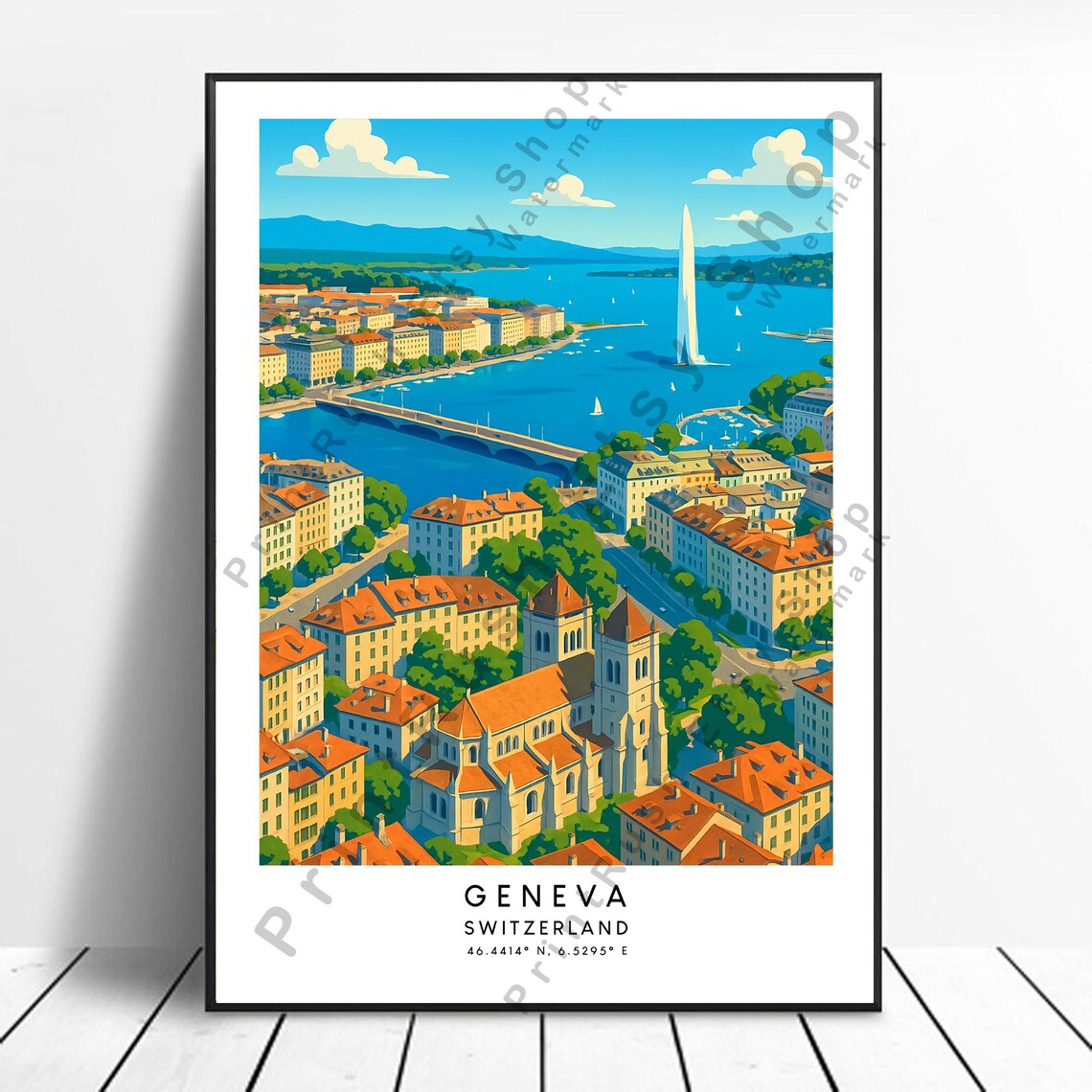 Geneva Switzerland Lake Jet dEau Fountain Cityscape Travel Poster