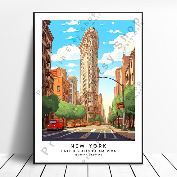 New York Flatiron Building City Street Scene Vintage Travel Poster