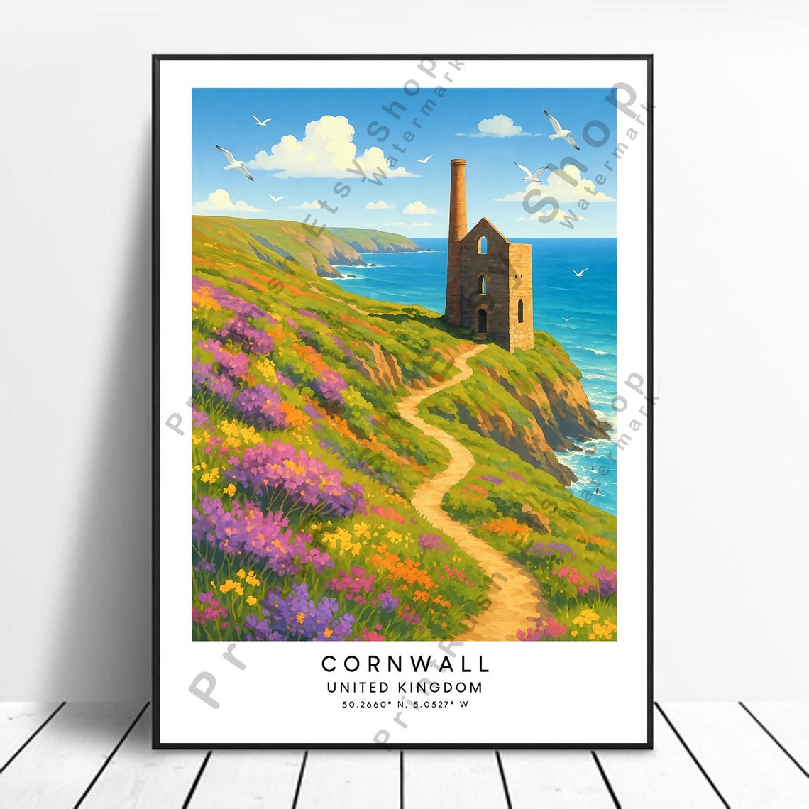 Cornwall United Kingdom Colourful Coastline Tin Mine Travel Poster