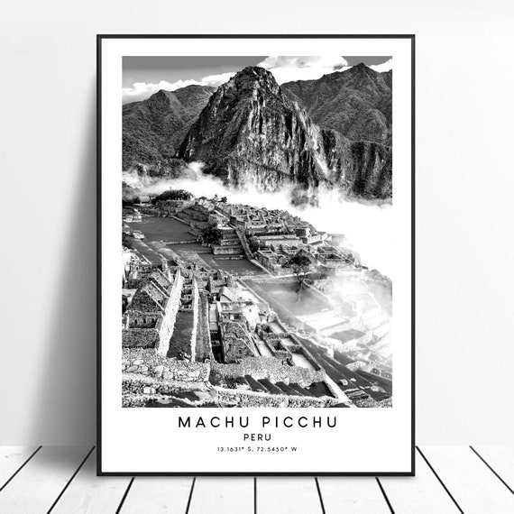 Machu Picchu Coordinates Travel Poster, Black and White