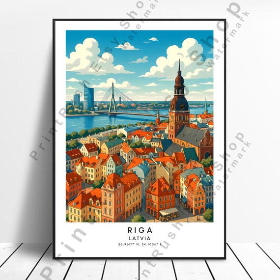 Riga Latvia Illustration Wall Art Travel Poster Artwork Home Decor Print Hanging Gift