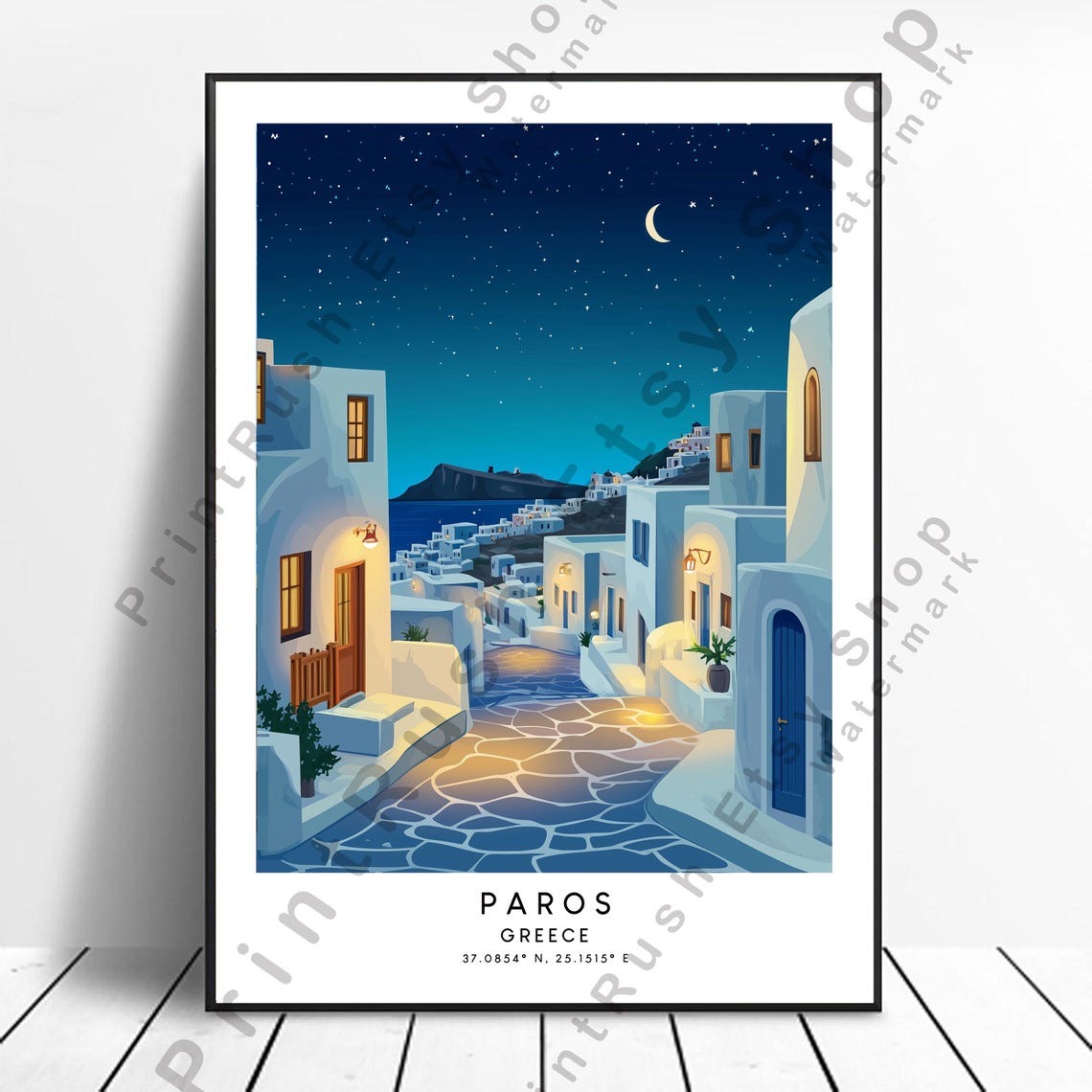 Paros Greece Whitewashed Alley Under Starry Night Travel Poster