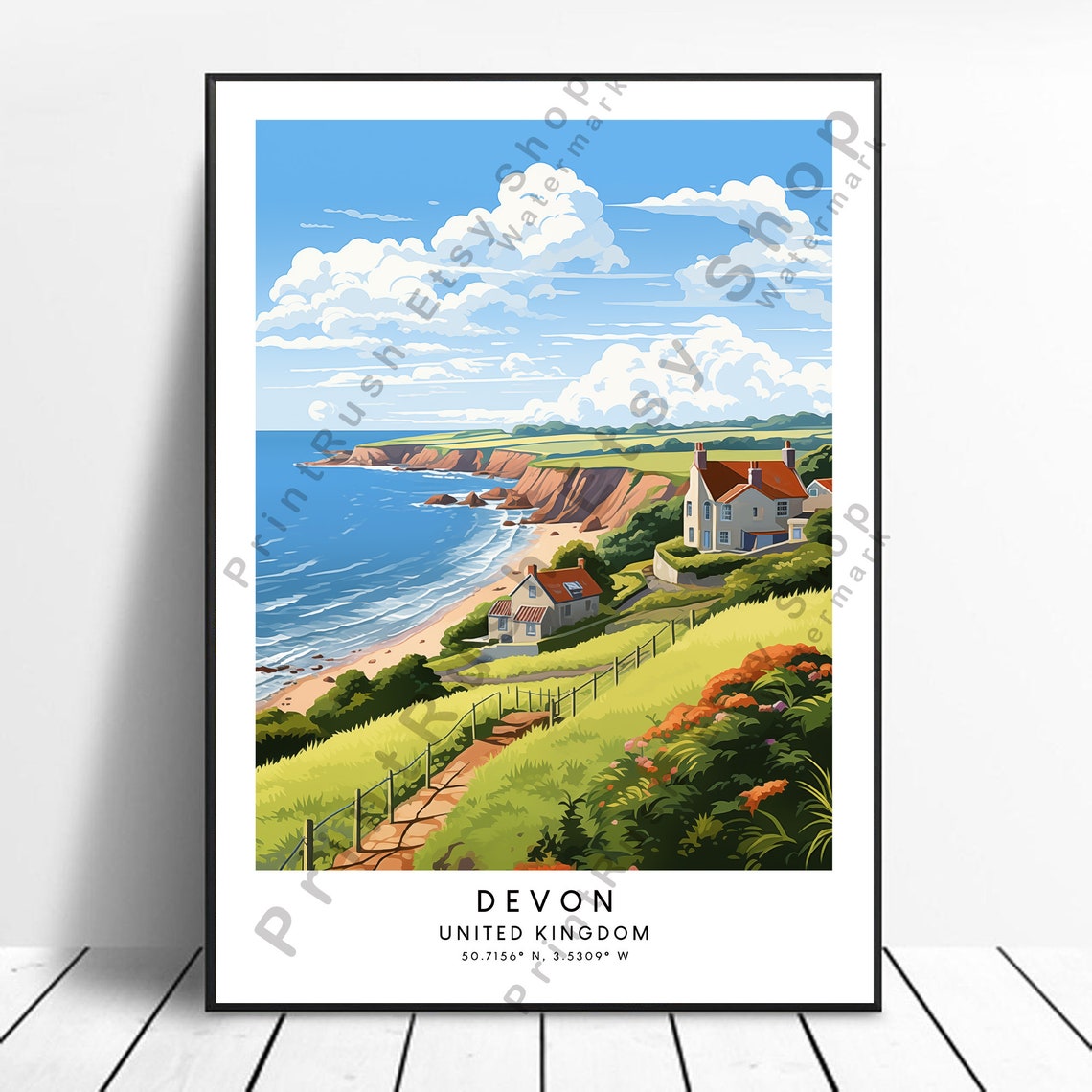 Devon England Red Cliffs Coastal Beach Cottages Travel Poster UK