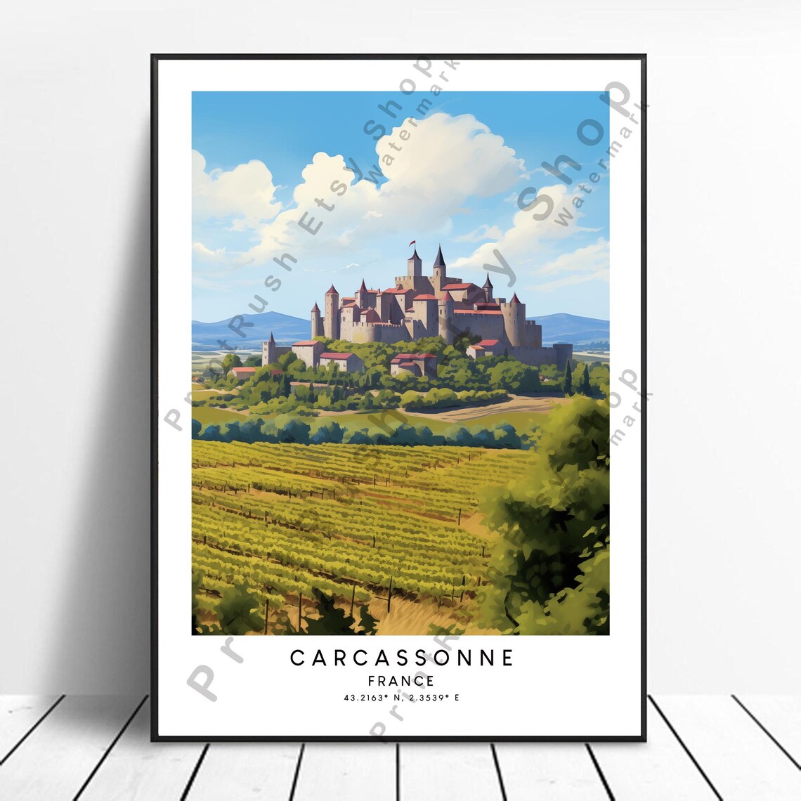 Carcassonne France Medieval Castle Vineyards Travel Illustration Poster