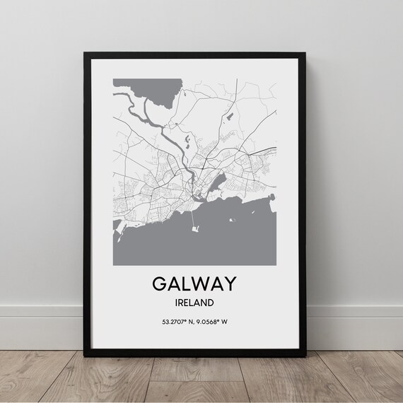 Galway Map Print Black And White City Poster Ireland Travel Minimalist Wall Art Gift