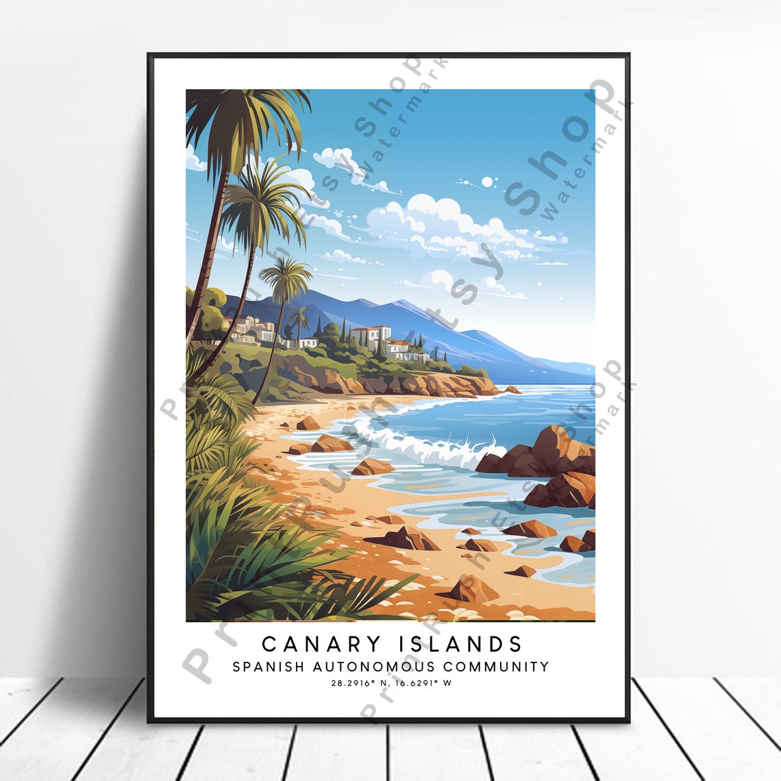 Canary Islands Sunny Palm Beach With Mountains Travel Poster