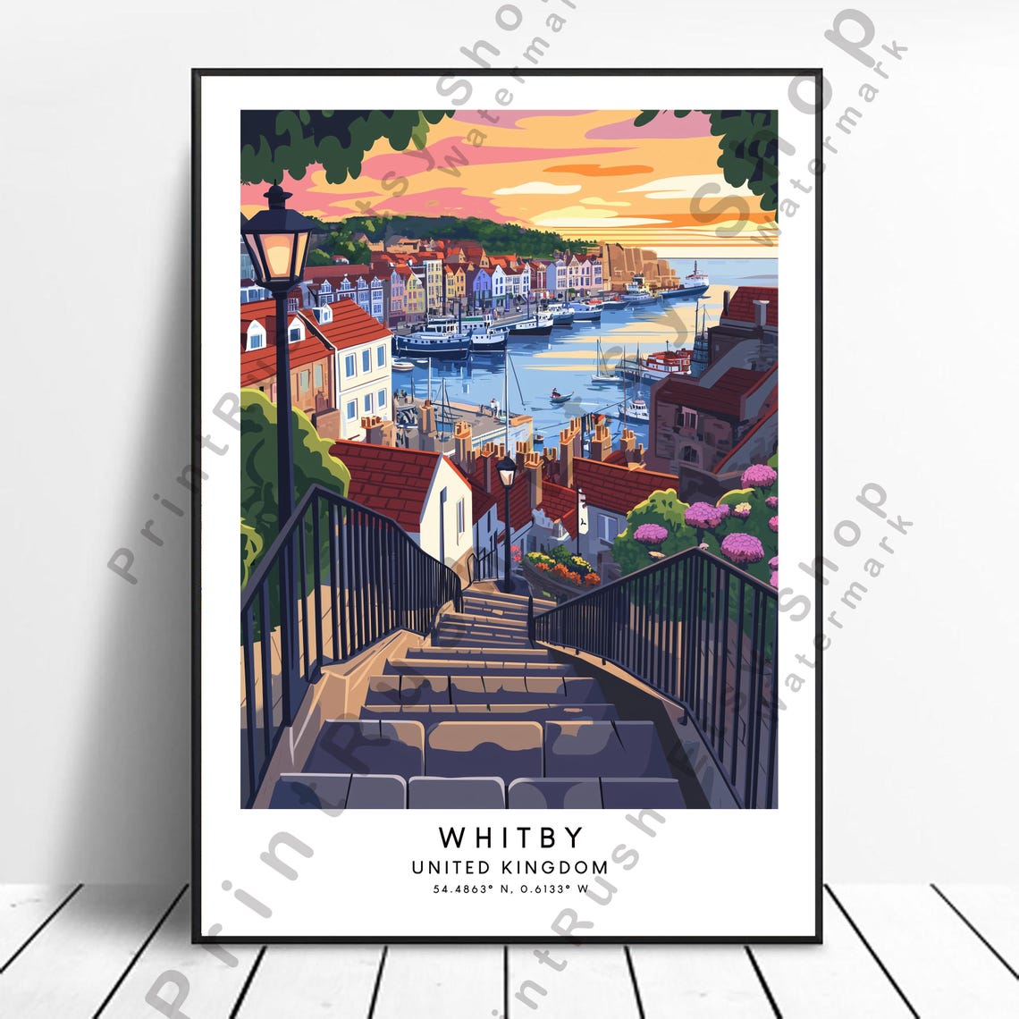Whitby Harbor Sunset Abbey Ruins England Vintage Travel Poster Art