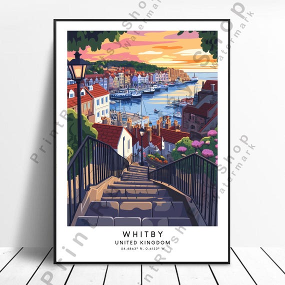 Whitby Travel Poster Illustration Art Home Dcor Wall Yorkshire Print England Artwork Hanging Gift