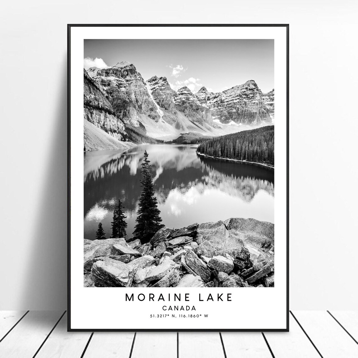 Moraine Lake Black and White Minimalist Travel Poster