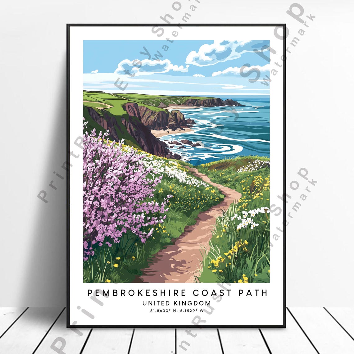 Pembrokeshire Coast Path Artwork Uk Walking Trail Print Illustration Poster Home Dcor Colourful Gift
