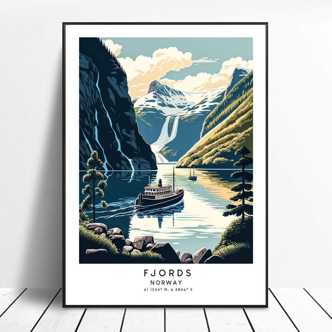 Norway Fjords Vintage Steamer Ship Retro Travel Illustration Poster