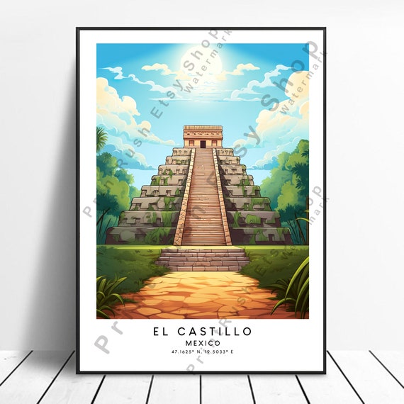 Mexico Travel Print Colourful El Castillo Poster Abstract Minimalist Wall Art Chichen Itza Gift