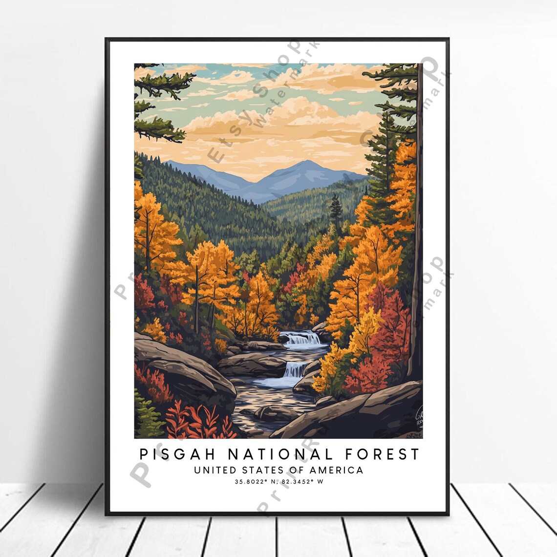 Pisgah National Forest Autumn Waterfall Travel Poster Fall Colors