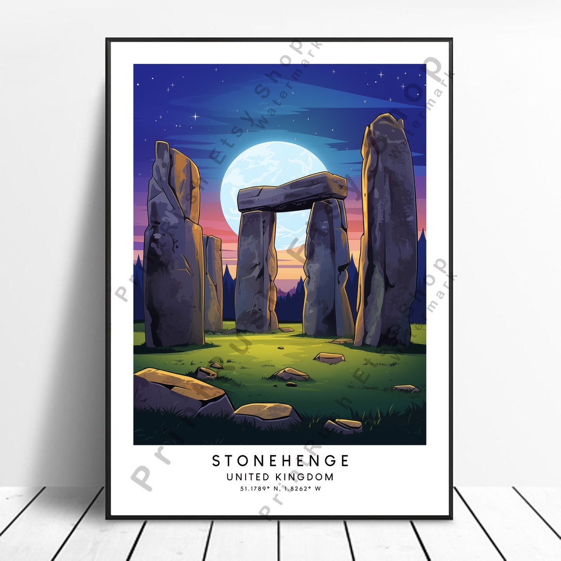 Stonehenge Moonlit Night Ancient Stones Starry Sky Illustration Poster