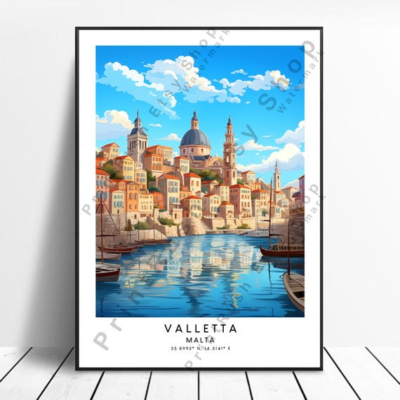 Malta Travel Print Colourful Valletta Poster Minimalist Wall Art Gift