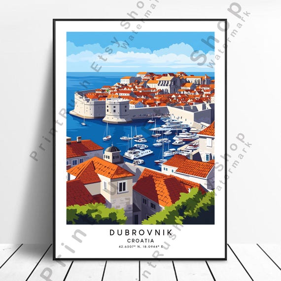 Croatia Dubrovnik Art Print Cityscape Wall Harbor Illustration Nautical Coastal Poster Gift Old Town