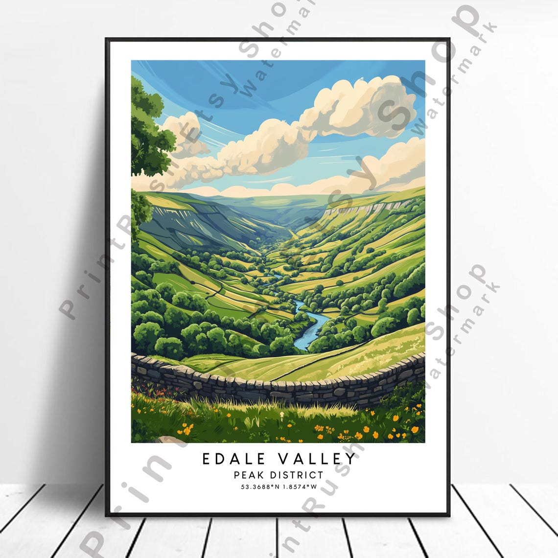 Edale Valley Green Meadows Peak District Daytime Travel Poster