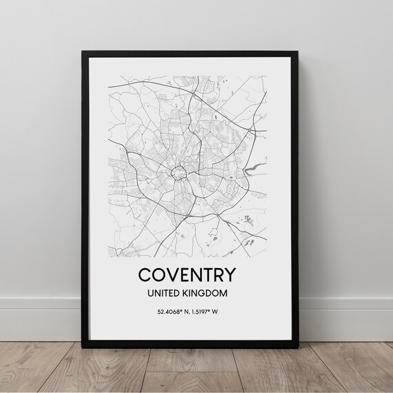 Coventry City Map Print Black And White Art Poster Minimalist Poser Wall Travel Gift