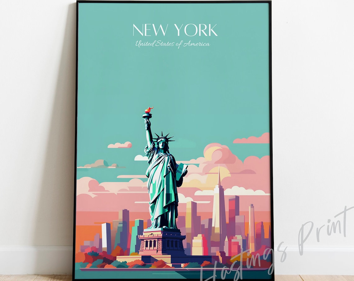Statue of Liberty New York Sunset Skyline Vintage Travel Poster