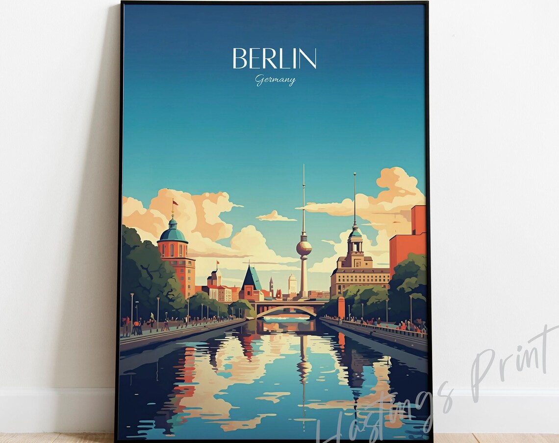 Berlin Germany Travel Poster TV Tower River Sunset Vintage City Art