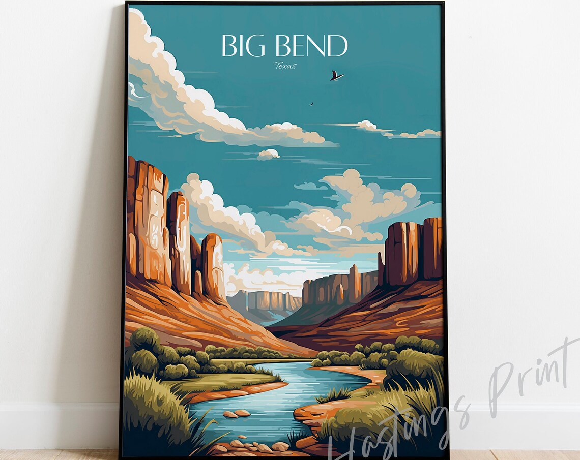 Big Bend Texas Desert River Canyon Sunset Vintage Travel Poster