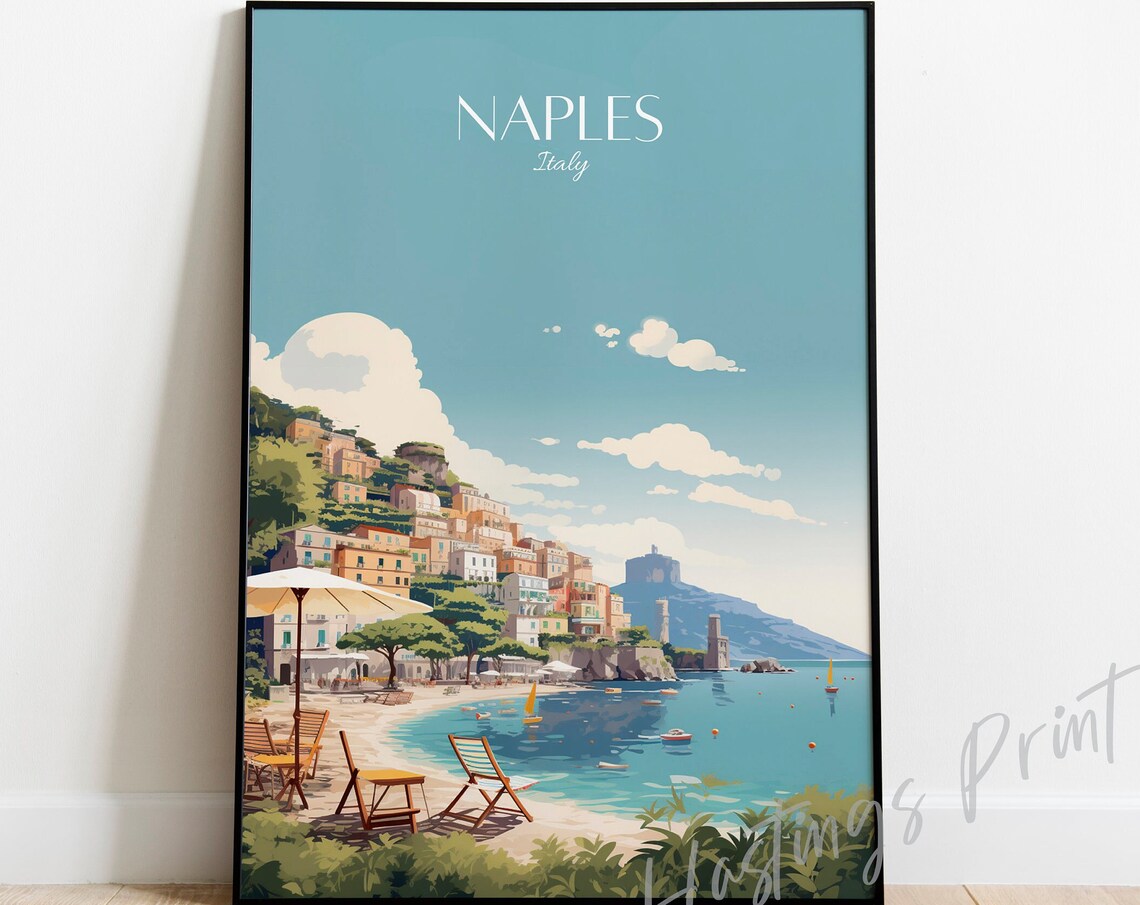 Naples Italy Sunny Beach Bay Coastal Town Vintage Travel Poster