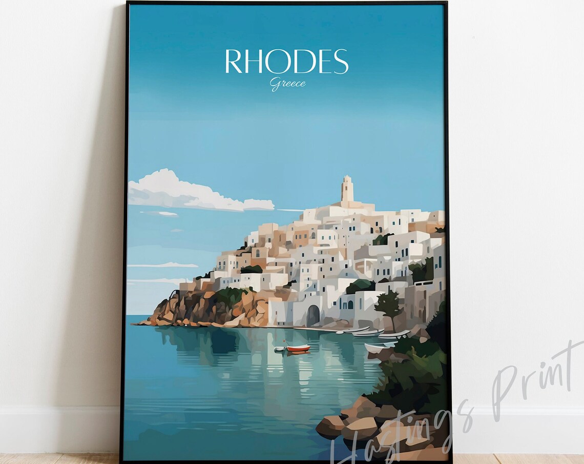 Rhodes Greece Whitewashed Town Rocky Shore Boats Travel Art Poster