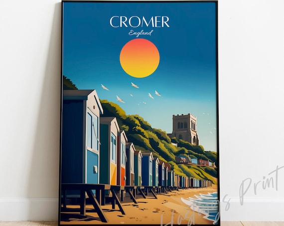 Cromer England Beach Huts Sunset Coastal Seaside Travel Poster