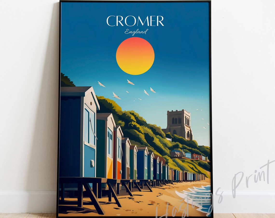 Cromer England Beach Huts Sunset Coastal Seaside Travel Poster