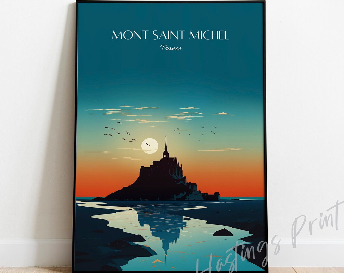 Mont Saint Michel Moonlit Sunset Silhouette France Travel Poster