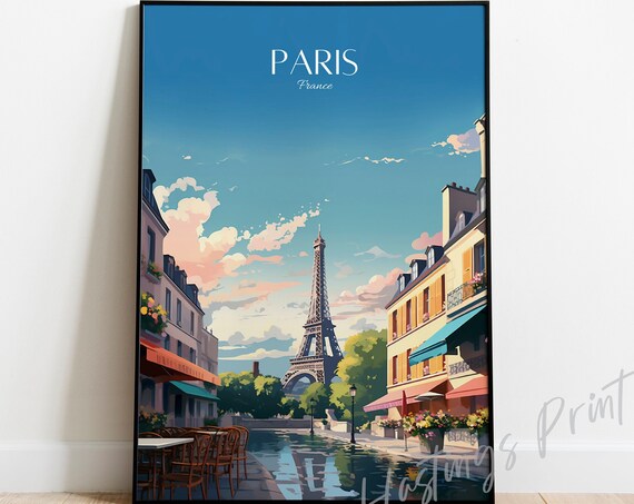 Paris Eiffel Tower Street Cafe View Modern Vintage France Travel Poster