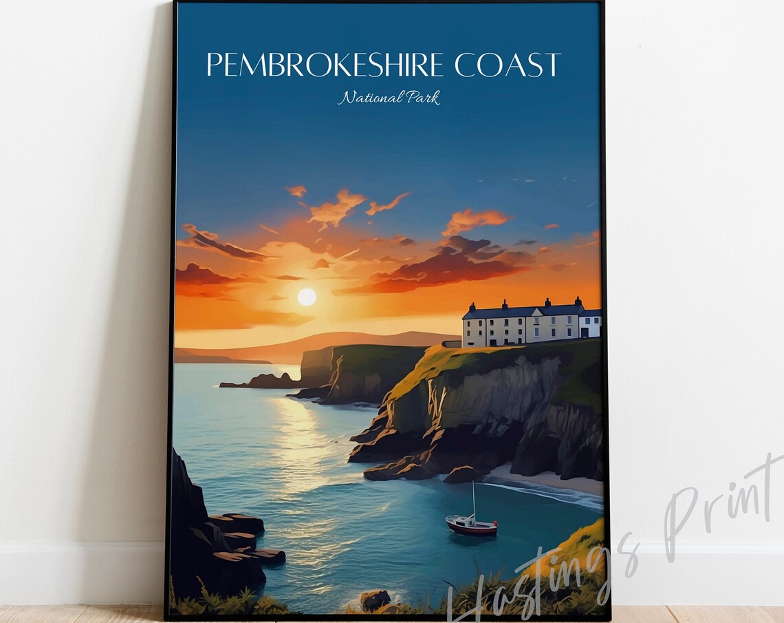 Pembrokeshire Coast National Park Cliff Sunset Vintage Travel Poster
