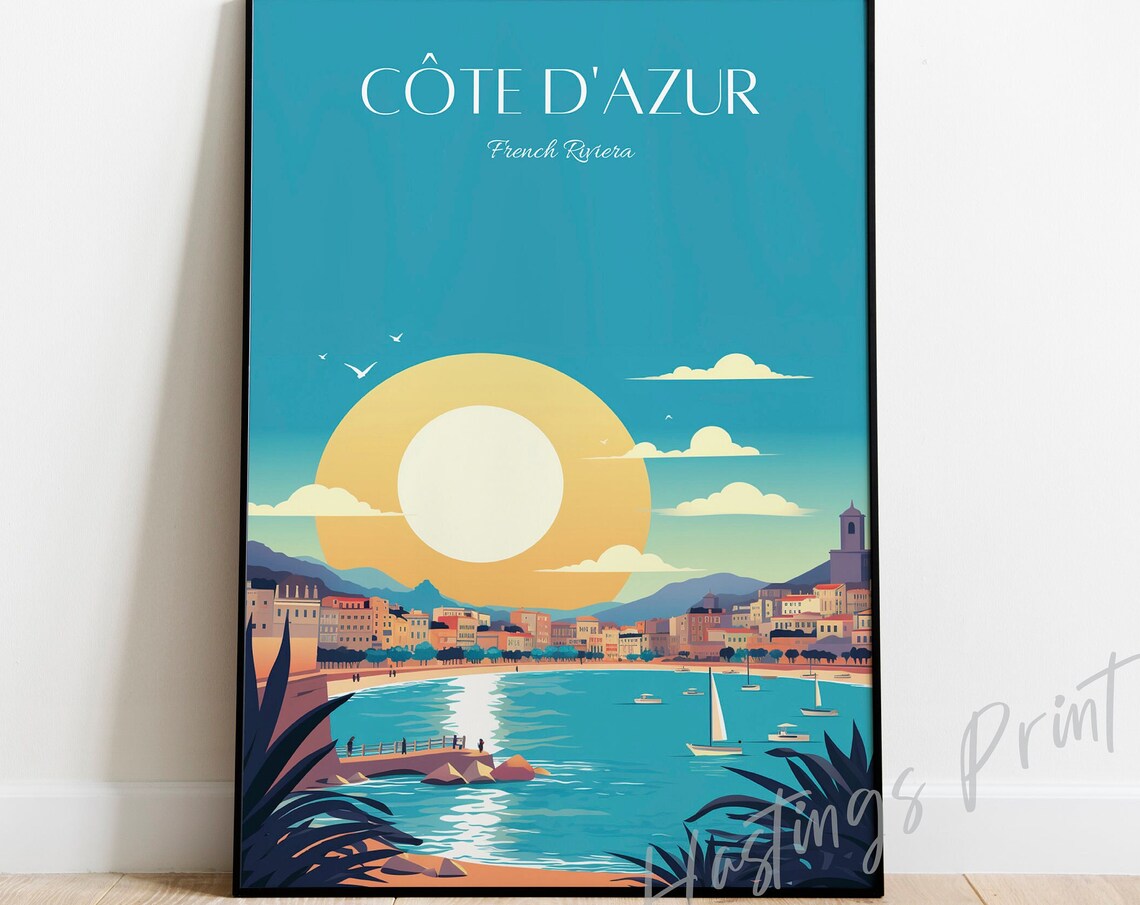 Cote dAzur French Riviera Sunset Coastal Town Vintage Travel Poster