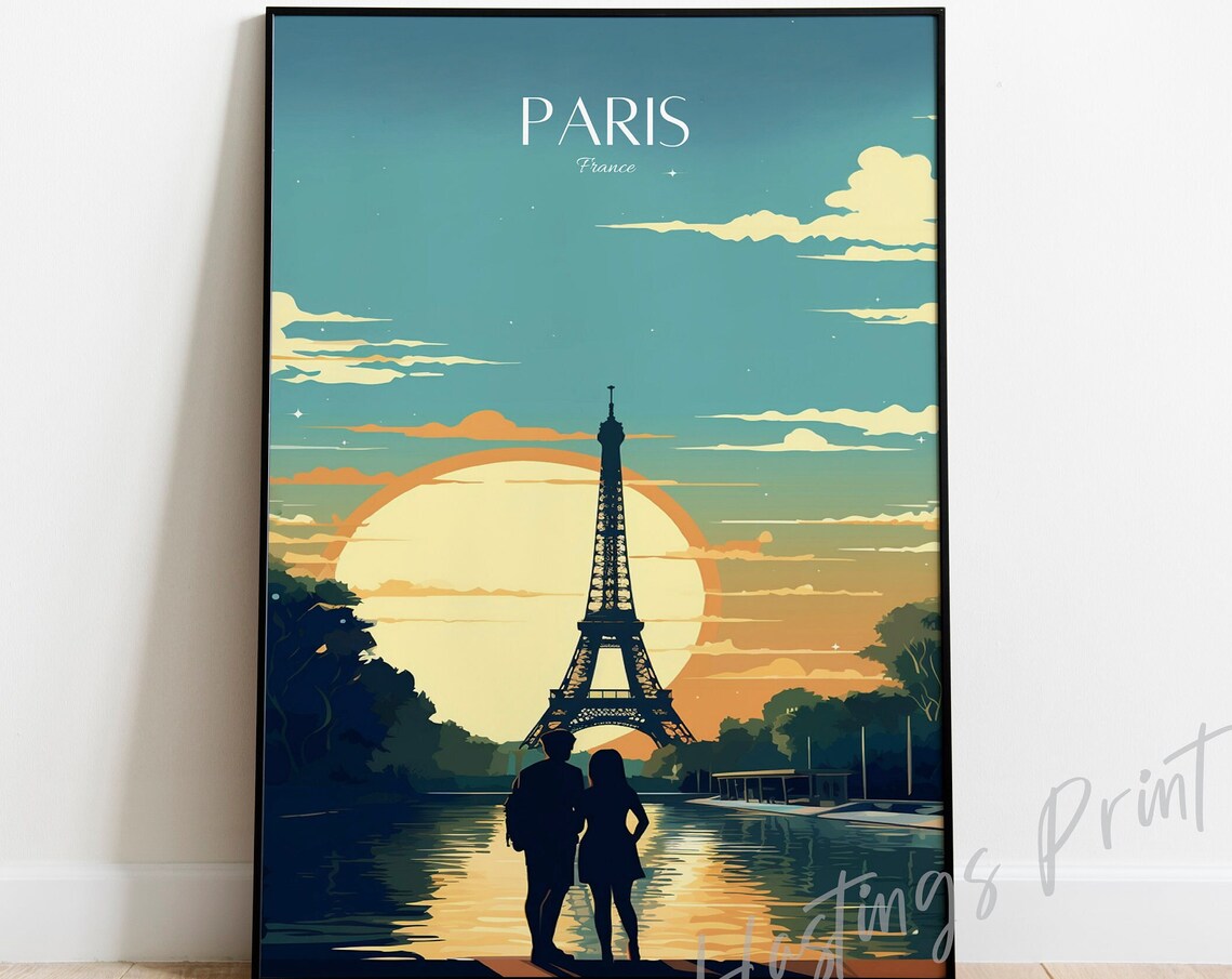 Paris Eiffel Tower Sunset Couple Silhouette Romantic France Travel Poster