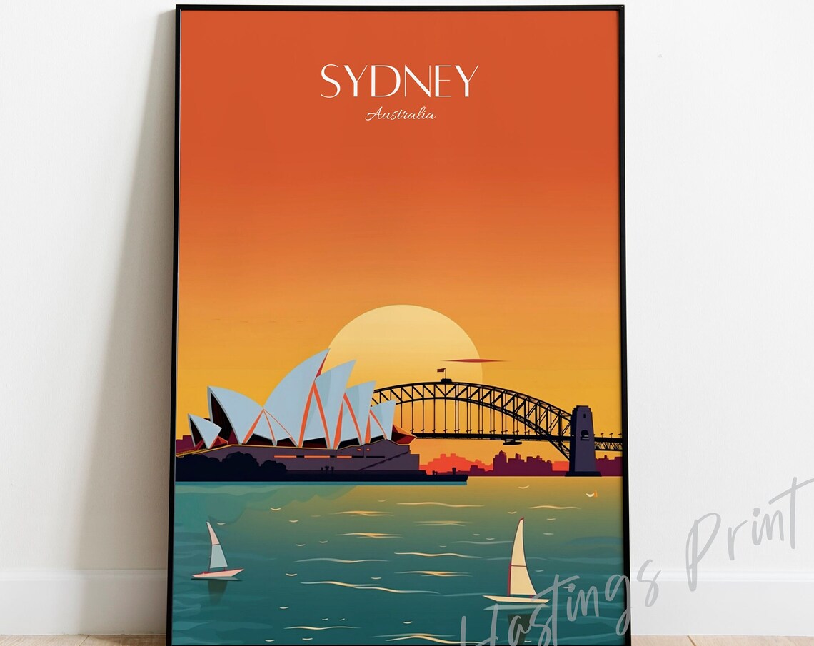 Sydney Australia Orange Sunset Harbour Sailboat Retro Travel Poster